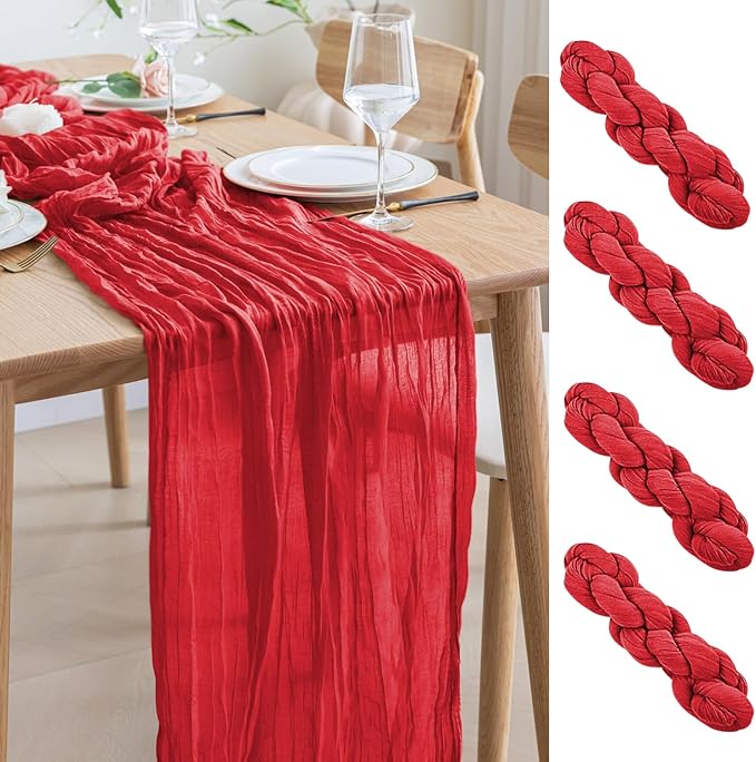 Asee'm 4PCS Fall Table Runner Cheesecloth 10FT Red Boho Gauze Fabric Rustic Sheer Cheese Cloth Runners for Thanksgiving Christmas Wedding Bridal Shower Party