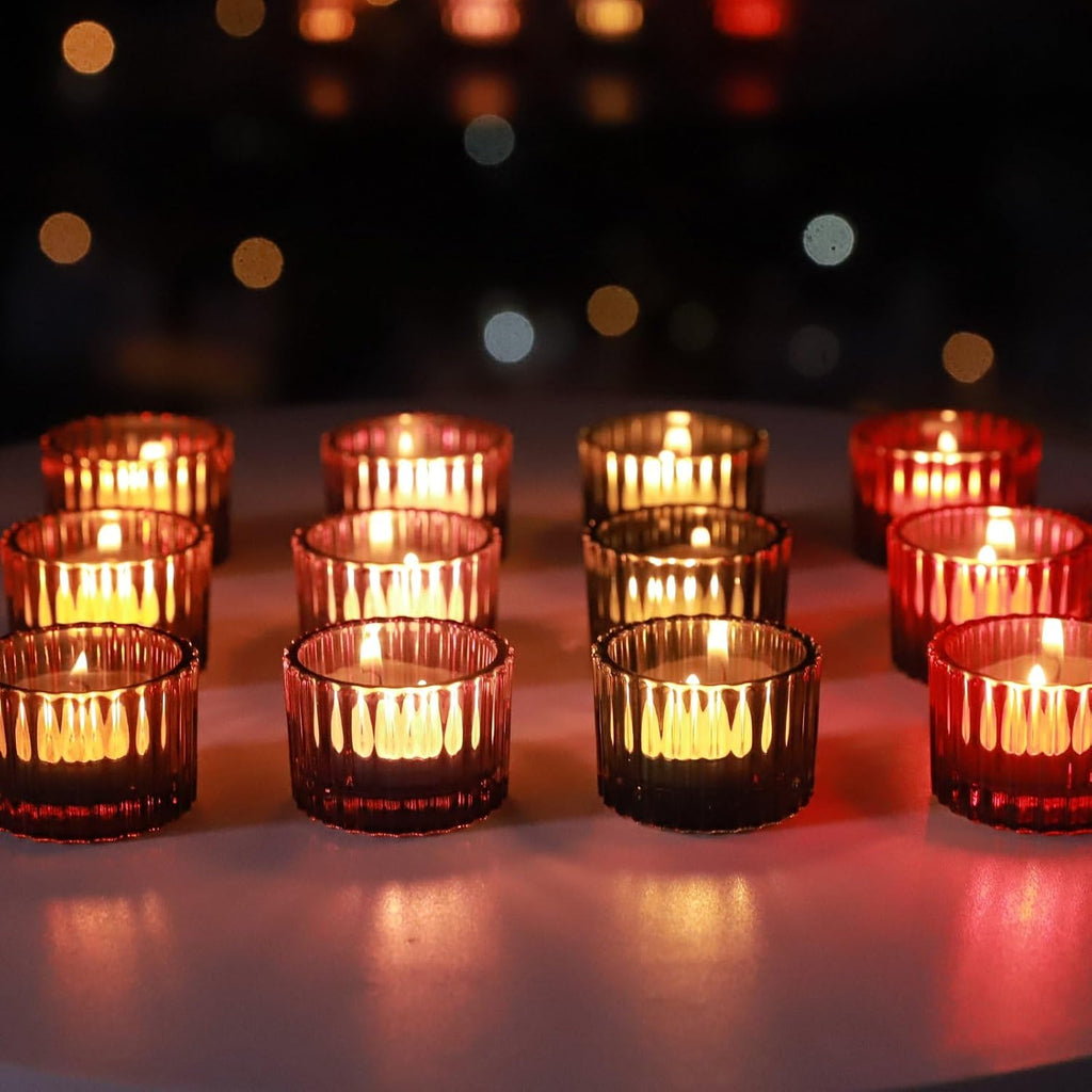 VOHO 4 Colors Tealight Candle Holder Fall Decor Set of 12, Votive Candle Holders for Table Centerpiece, Ribbed Tea Light Candle Holder Glass for Halloween/Thanksgiving/Christmas Decorations/Gifts