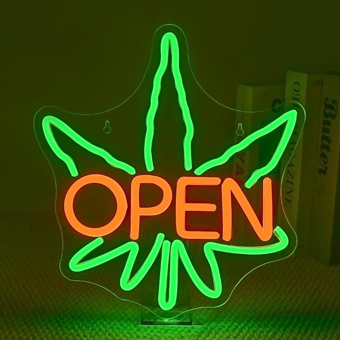 Ineonlife Green Leaves Open Neon Sign USB Dimmable Neon Signs for Wall Decor Psychedelic Led Light for Bar Club Cafe Shop Parties Window Decorations Adjustable Art Green Leaves Light