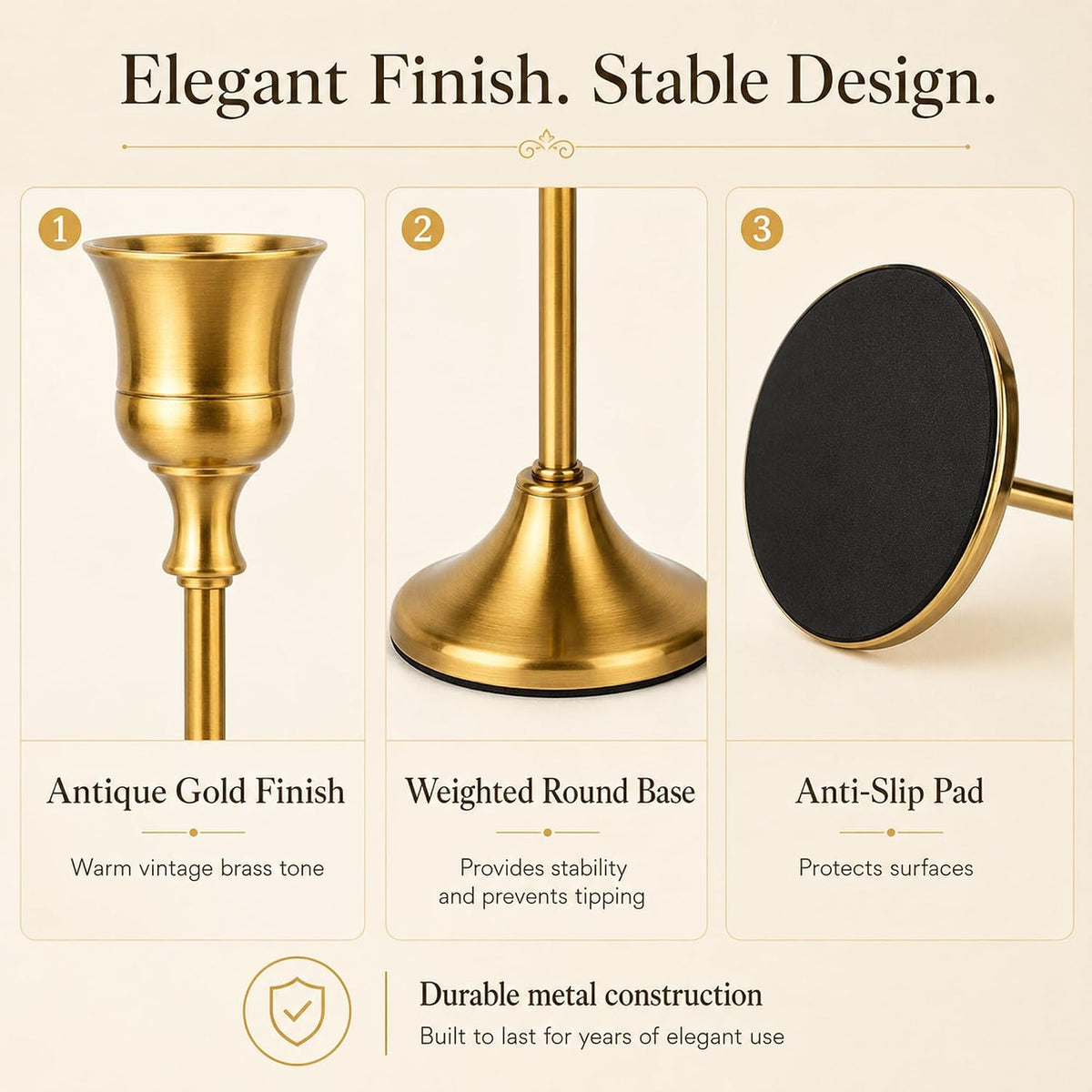 Brass Gold Candlestick Holders Bulk 16 Sets(48 Pcs), Vintage Gold Taper Candl...