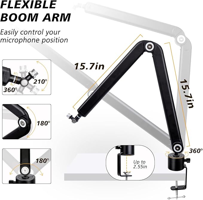 SUNMON Mic Stand Boom Arm - Microphone Arm Compatible with HyperX QuadCast, 360° Rotation Microphone Stand, Weighted Metal Mic Boom Arm for HyperX QuadCast,Blue Yeti,Shure MV7,Rode and Most Gaming