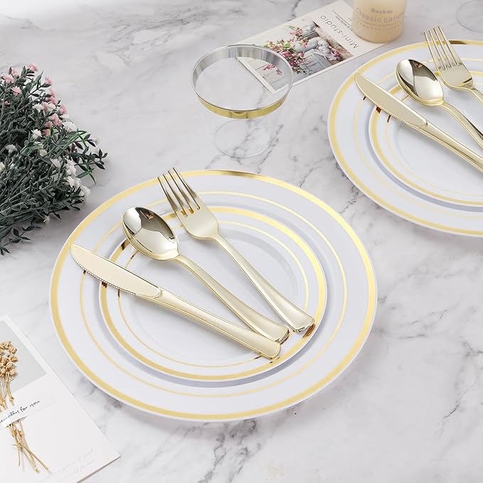 BESTVIP 300PCS Plastic Dinnerware Set (50 Guests), Gold Disposable Plates for Party, Wedding, Christmas, Anniversary, Includes: Dinner Plates, Dessert Plates, Cups, Spoons, Forks and Knives