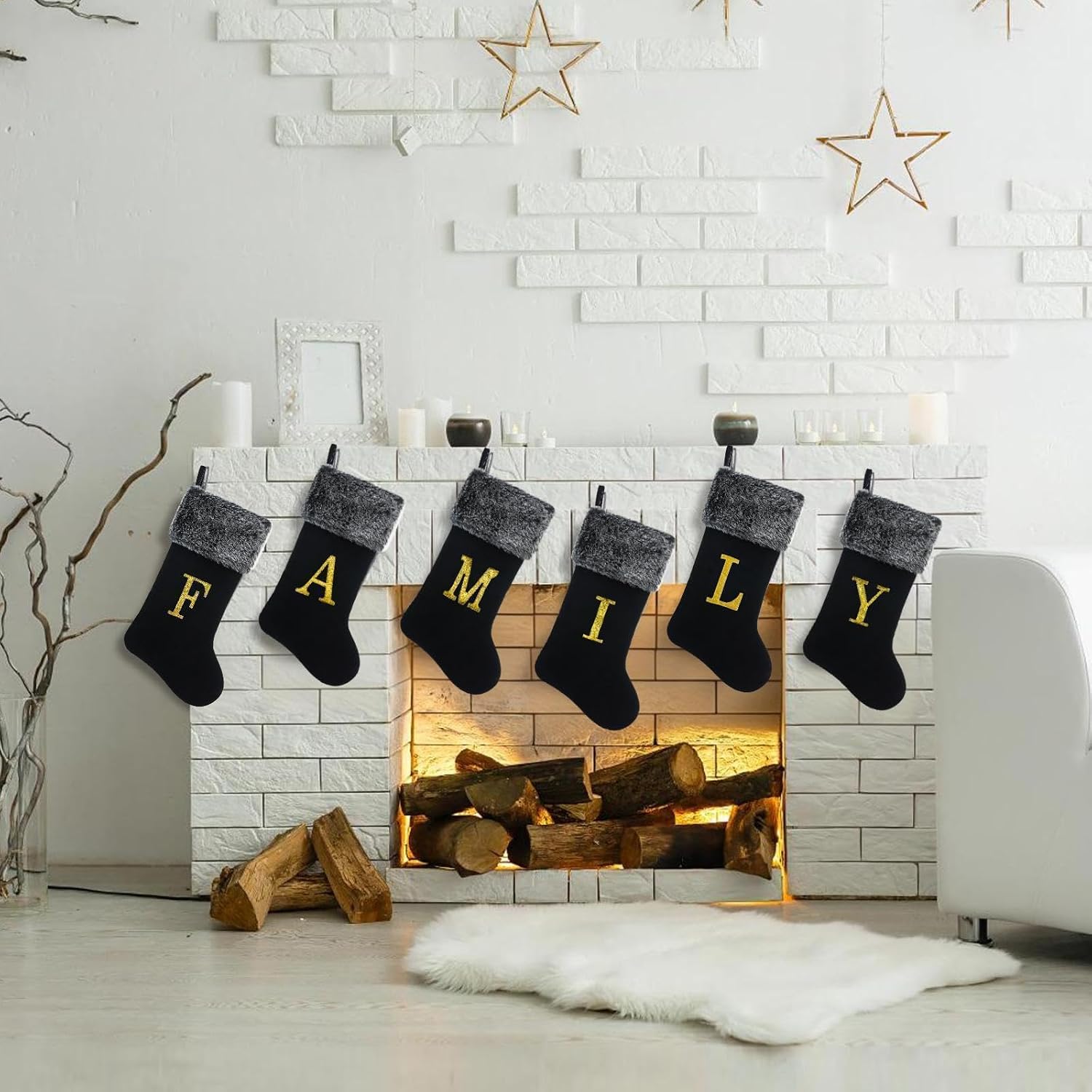 20 Inches Personalized Monogram Christmas Stocking, Deluxe Black Velvet with Faux Fur Trim, Embroidered Initial, Holiday Decor for Fireplace Mantel Gifts Letter E