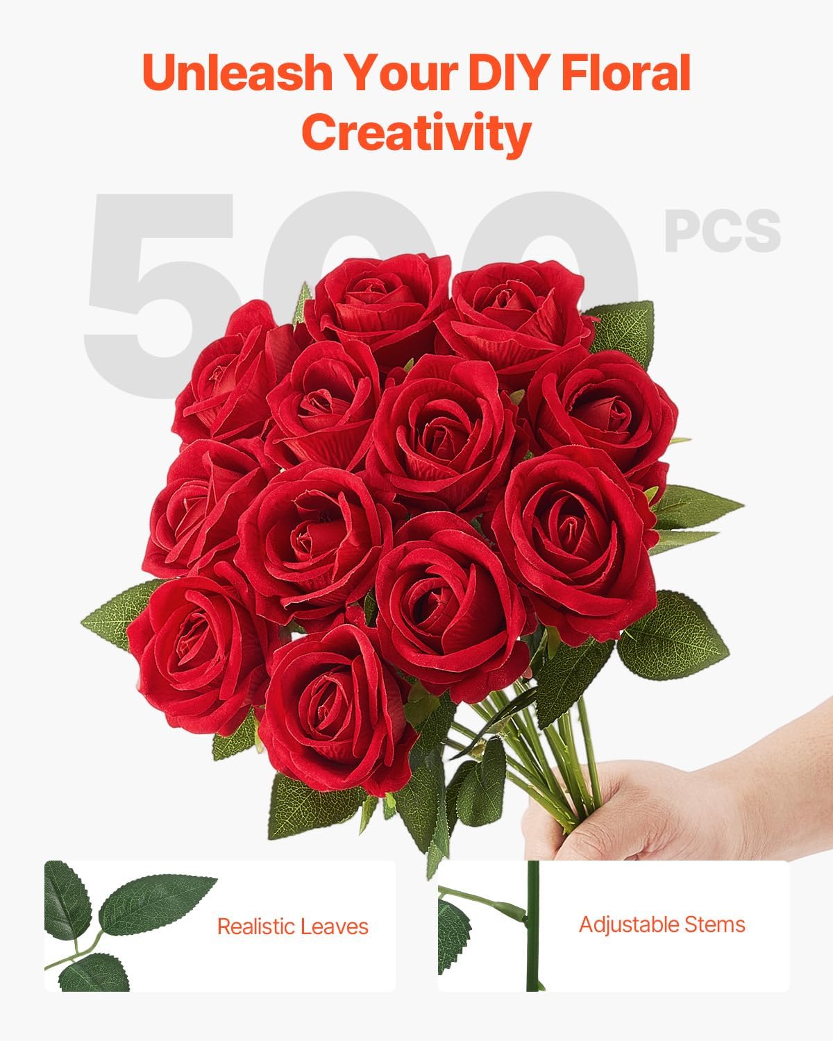 vevor artificial flowers, 500 pcs real looking red, side view