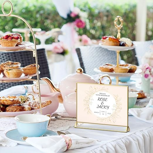 NIUBEE 6Pack 7 x 5 Horizontal Clear Acrylic Sign Holder with Gold Borders, Double Sided Table Menu Stands Picture Frames for Wedding Table Numbers, Restaurant Signs, Photos and Art Display