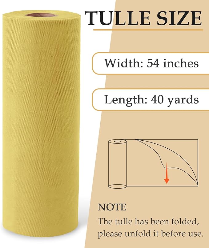 Antique Gold Tulle Fabric Roll, 54" x 40 Yards (120FT) Tulle for Christmas Decorations Tutu Party Wedding Backdrop Baby Shower Table Skirts Gift Wrapping
