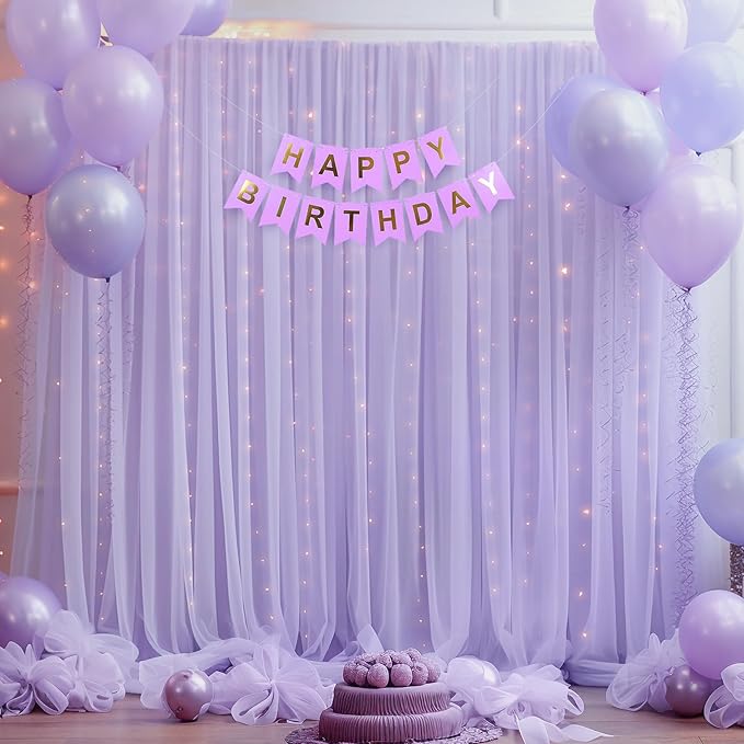 10×10ft Purple Tulle Backdrop Curtain with Lights String for Parties, Sheer Photo Curtain Backdrop Drapes for Wedding Party Photography Backgrounds