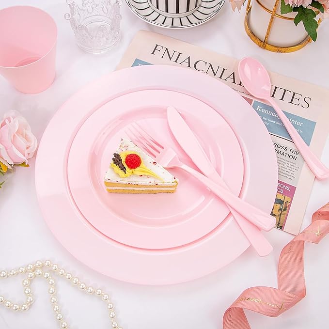 KIRE 150 Pieces Pink Plastic Plates Disposable - Pink Dinnerware Set Include 25 Dinner & 25 Salad Plates 25Forks 25Knives 25Spoons 25 Cups for Baby Shower/Bridal Shower