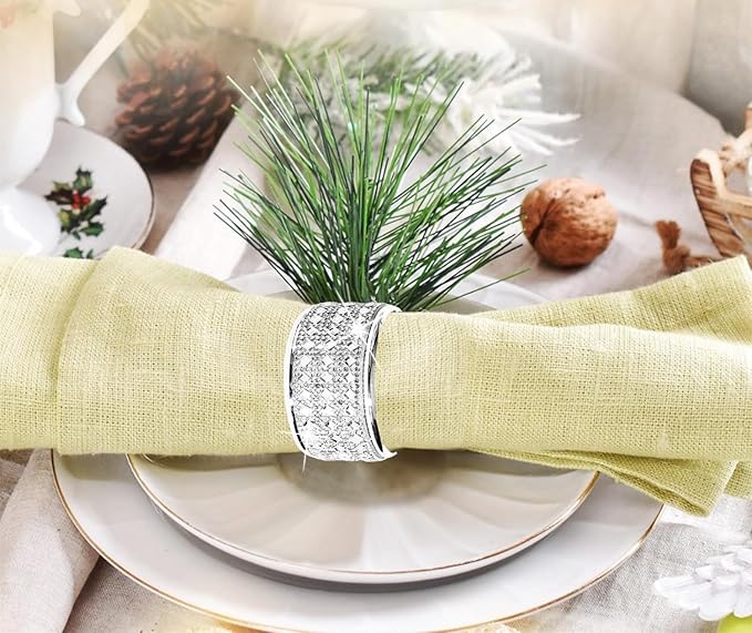 Silver Diamond Napkin Ring Set of 12 Rhinestone Crystal Glass Framed Napkin Holder for Table Decor,Thanksgiving,Christmas,Anniversary, Birthday, Holiday, Party Serviette Buckles Home Decoration