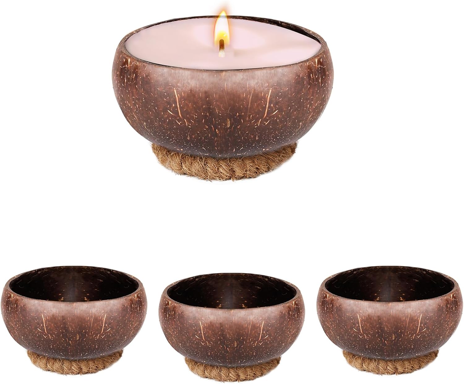 4 PCS Dough Bowl for Candle with Coconut Silk Base, Natural Coconut Shell Bowl Vintage Rustic Farmhouse Decor, Wood Candle Container for DIY Home Crafts Making Farmhouse Table Centerpiece