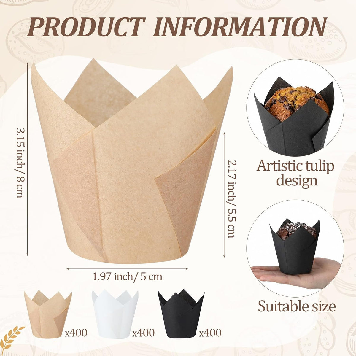 1200 Pcs Tulip Cupcake Liners Bulk, Black, White, Brown, Classic