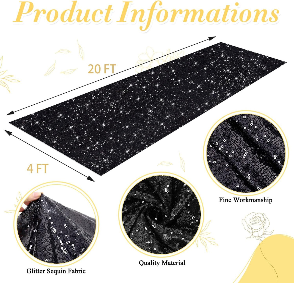 Black Carpet Runner for Party 4FTx20FT Sequin Aisle Runner for Wedding Ceremo...