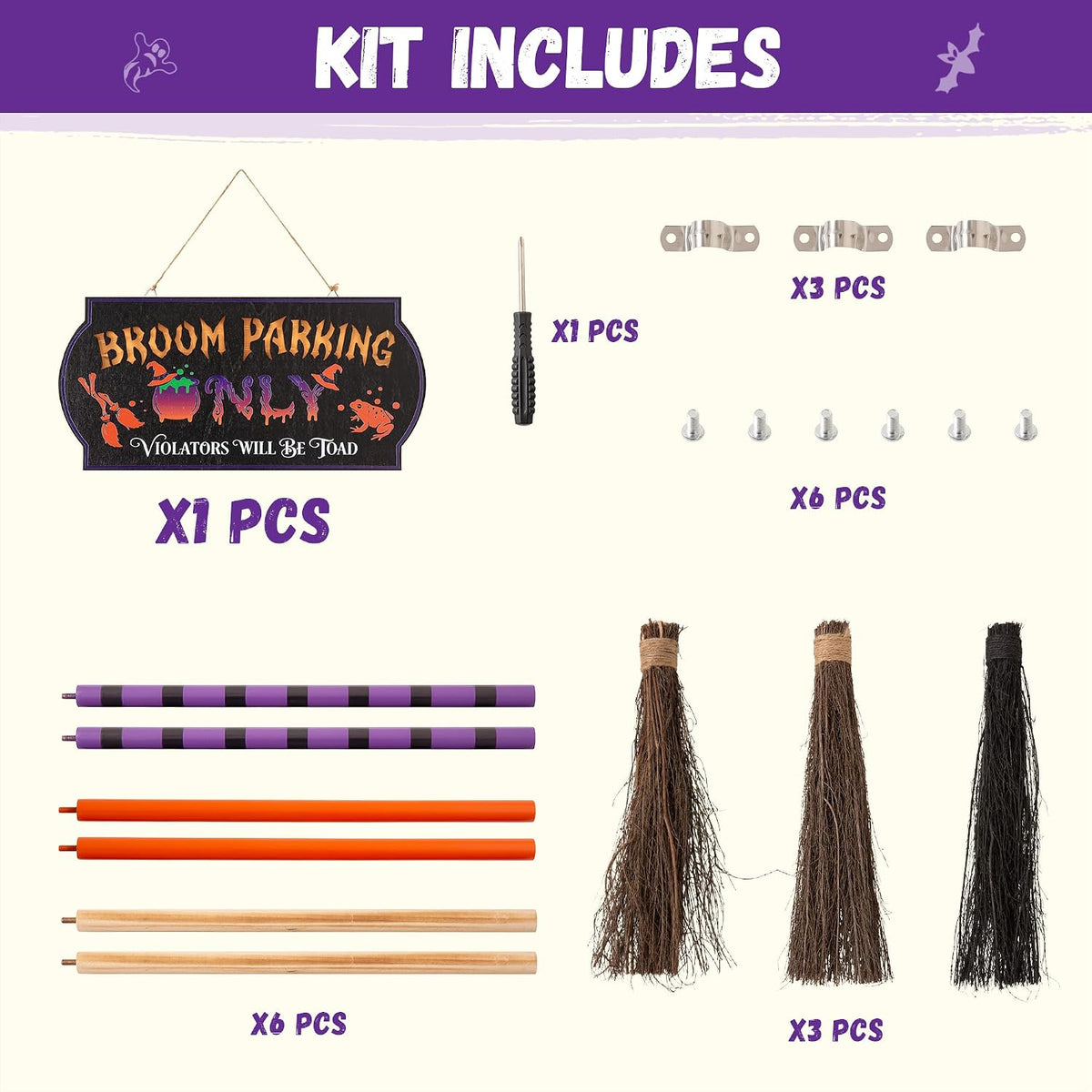 ELAMAS Halloween Decorations Light-up Broom Parking Only Sign with 3 Witch Br...
