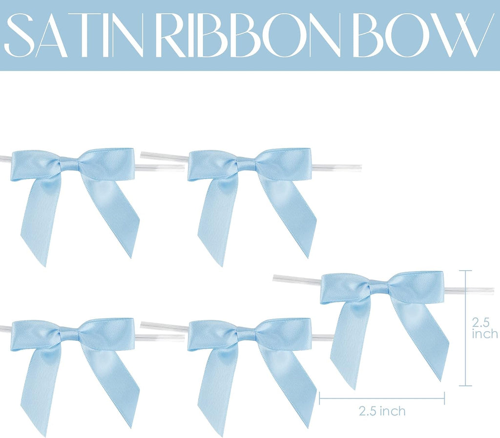 AIMUDI Light Blue Satin Ribbon Twist Tie Bows 2.5" Pretied Blue Bows for Baby Shower Premade Baby Blue Bows for Crafts Treat Bags Cake Pop Gift Wrapping Wedding Party Favors Goodie Bags - 50 Counts