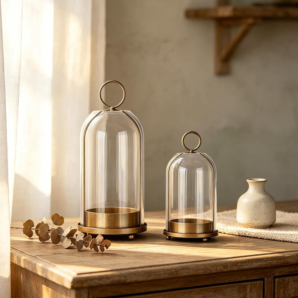 Hurricane Bell Jar Candle Holder Clear Dome Cover Holders with Iron Base Set of 2 Vintage Pillar Glass Candles Cloche for Tabletop Centerpieces or Hanging (1, Gold)