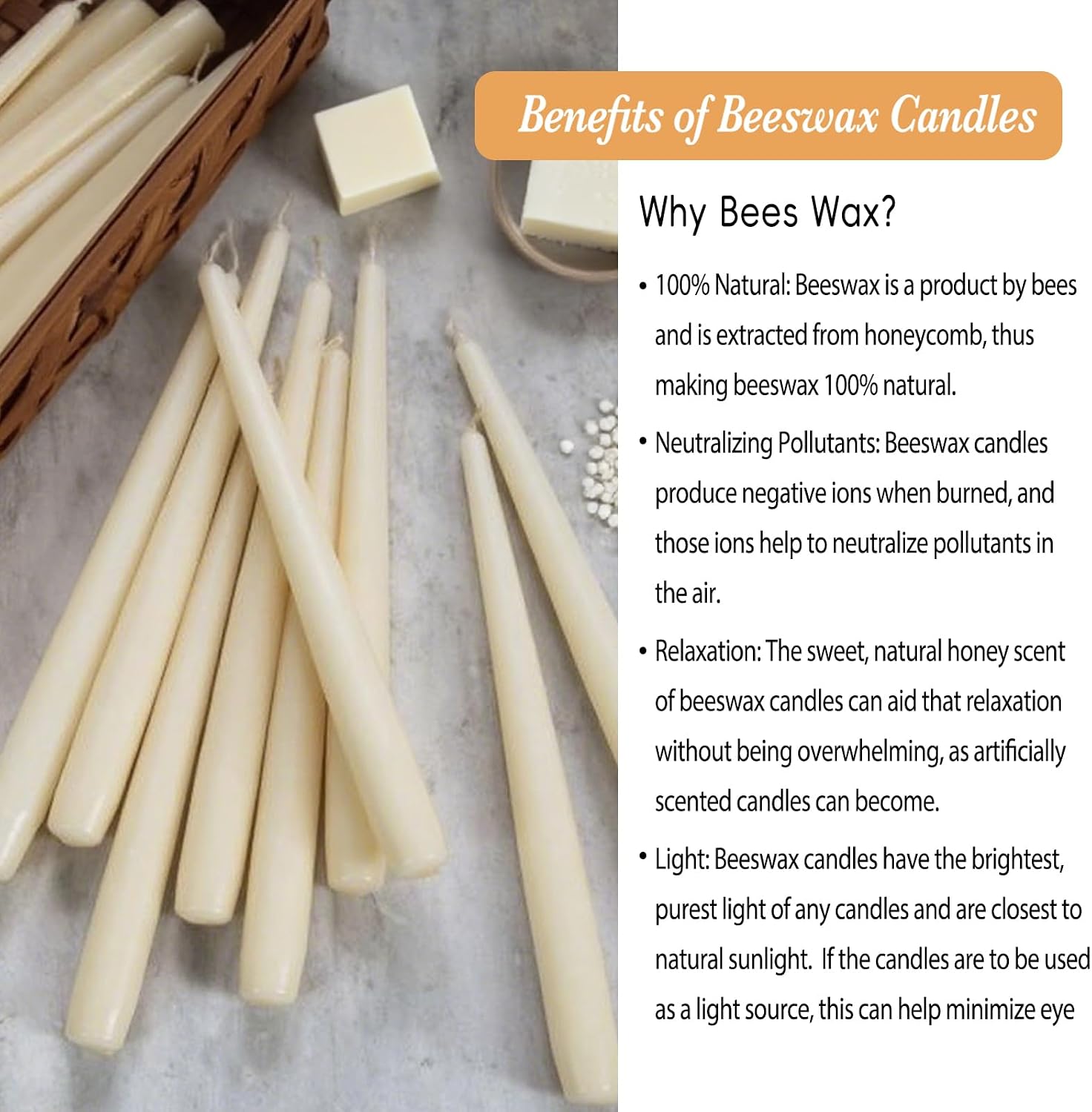 Beeswax Taper Candles White, 9 Inch Natural Beeswax Long Candle Sticks, 10 Hours Burn Time, Smokeless & Dripless Tall Taper Candle for Table Decor, Unscented Bee Wax Tapered Candles (8 Packs)
