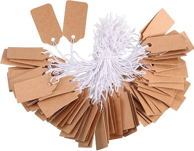 300 Pieces Kraft Price Tags with Elastic Hanging String Writable Blank Price Labels Small Marking Display Tags(1.38 x 0.71 Inch)