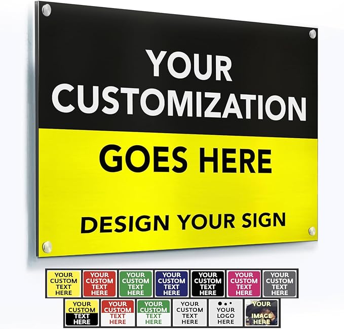 Custom Metal Business Signs, Personalized Aluminum Outdoor Signs, Waterproof, White (Black & Yellow, 14x10 In)