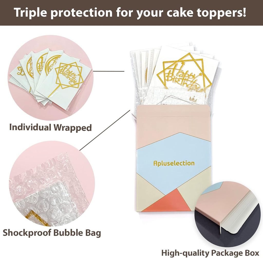 6-Pack Gold Cake Topper Set, Double-Sided Glitter, Acrylic Happy Birthday Cupcake Toppers, Birthday Decorations for Children or Adults.