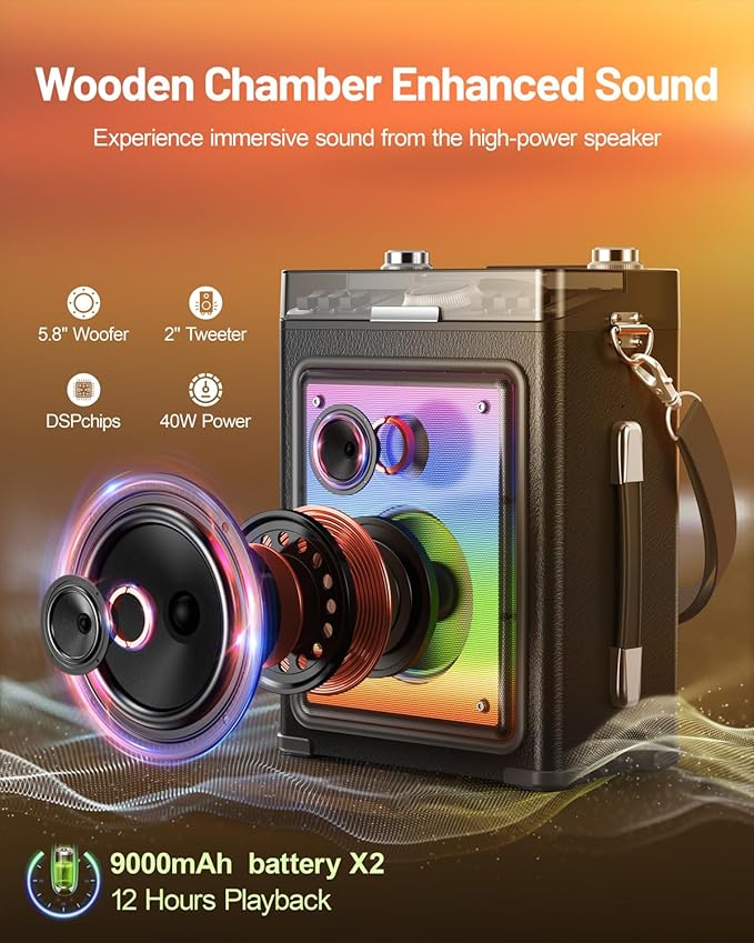 Karaoke Machine for Adults with 2 Wireless Microphones & Guitar Input, Professional Bluetooth 5.3 Speaker, Portable Wooden Karaoke PA System with Bass/Treble Adjustable for Backyard, Home Party