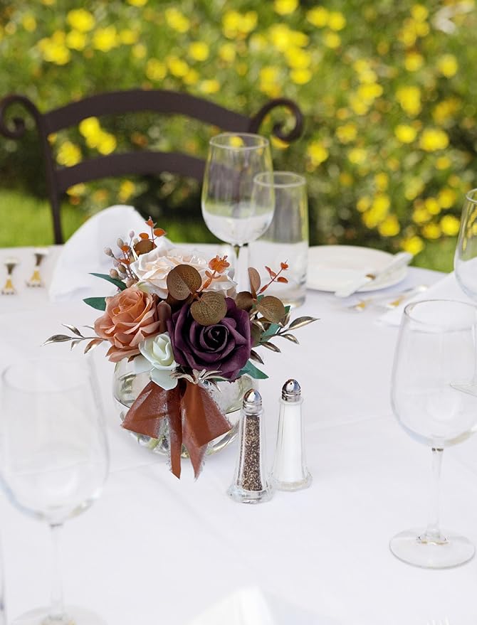 CherishedMoments Set of 6 Assorted Flower Centerpieces Mini Floral Wedding Flowers Set for Fall Wedding Table Centerpieces Decoration, Burnt Orange Bouquets and Home Decor