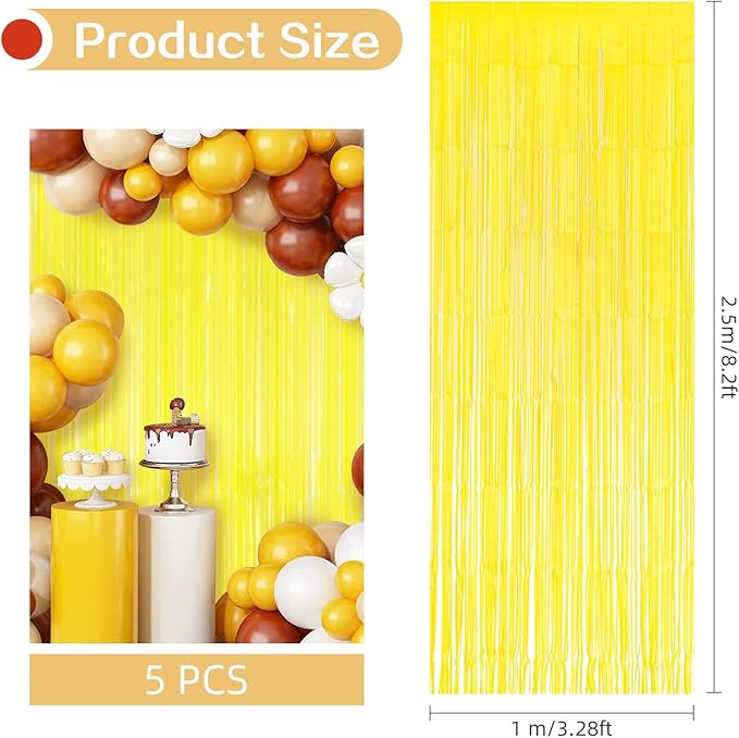 5 Pack Yellow Foil Curtain Backdrop 3.2ft x 8.2ft Tinsel Foil Fringe Curtains Macaron Photo Booth Streamer Backdrop for Party Decorations Birthday Baby Shower Bachelorette Holiday Decor (Yellow)
