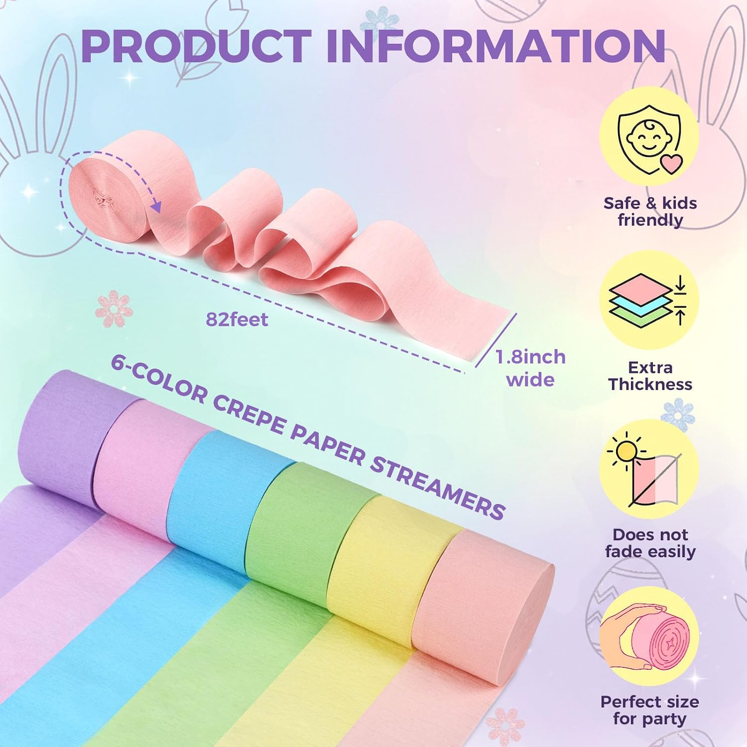 KOOGEL 12 Rolls Pastel Macaron Crepe Paper Streamers, 1.8 in X 82 FT | Each Soft Color Decorations for Baby Shower, Spring Party, Wedding, Easter, Birthday & Piñata Making
