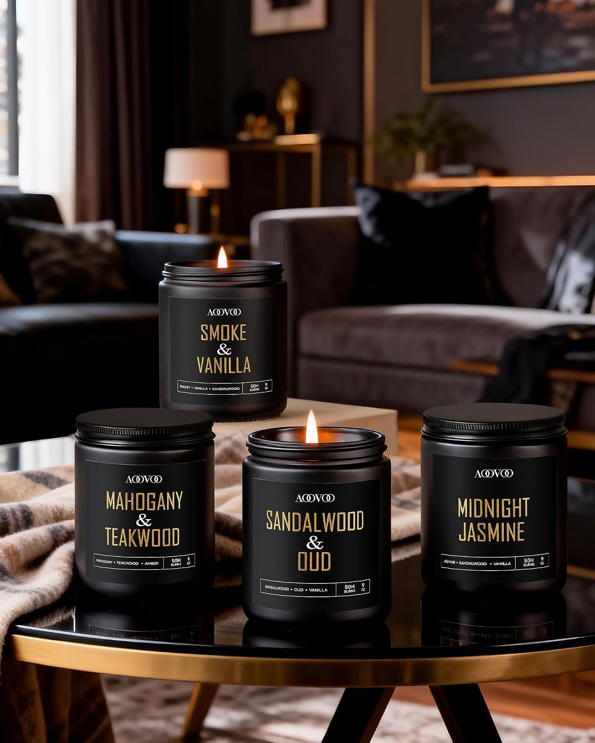 AOOVOO Scented Candles for Men - 4 Pack Candles for Home Scented, 36oz Soy Wax, 200 Hour Burn Time, Men Candle Set, Sandalwood Oud/Mahogany Teakwood/Smoke Vanilla/Jasmine Candle Set A