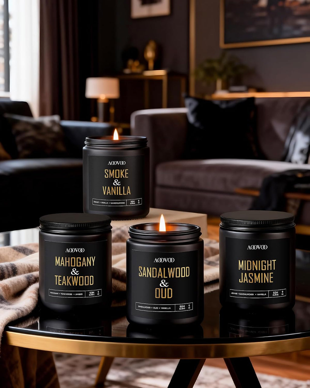 AOOVOO Scented Candles for Men - 4 Pack Candles for Home Scented, 36oz Soy Wax, 200 Hour Burn Time, Men Candle Set, Sandalwood Oud/Mahogany Teakwood/Smoke Vanilla/Jasmine Candle Set A