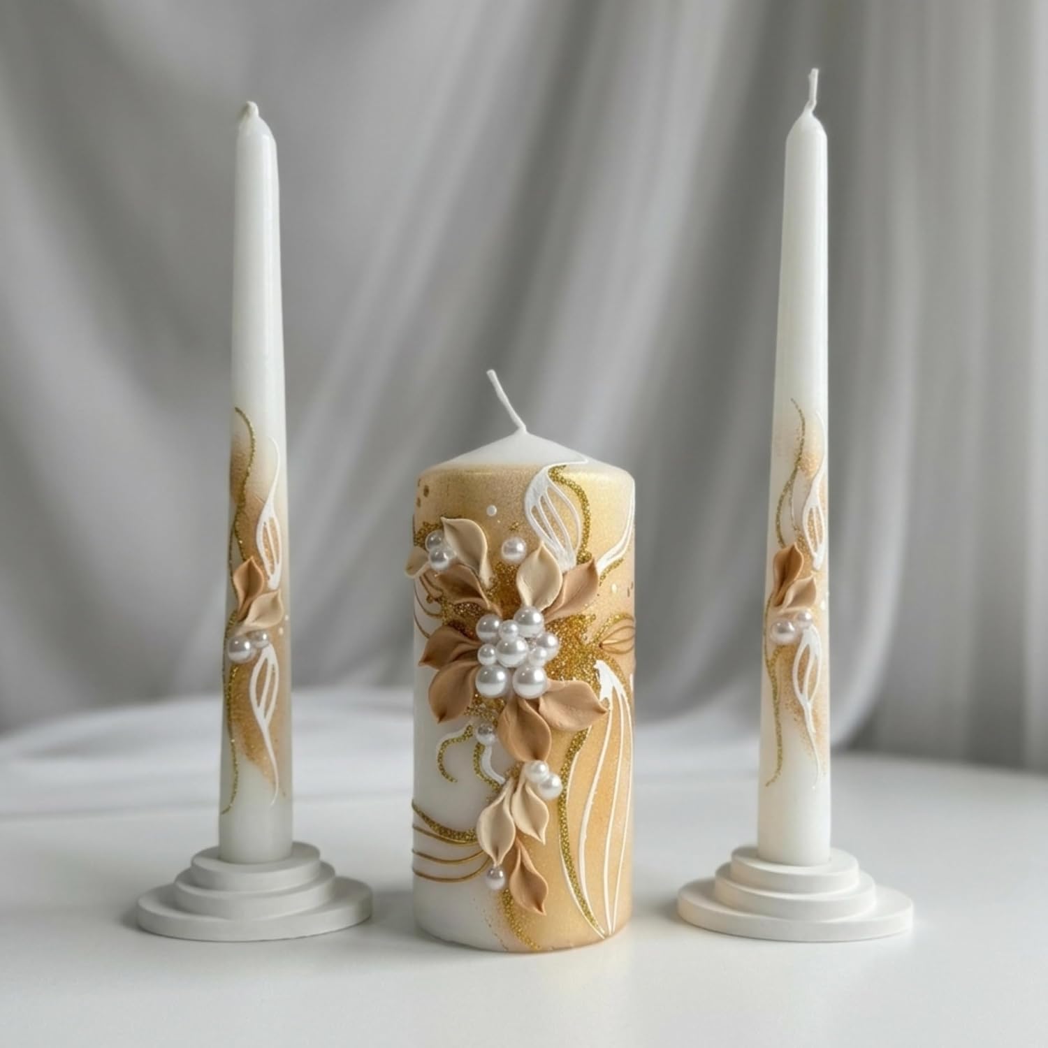 Unity Candle Set for Wedding Ceremony – 6” Pillar & Two 10” Taper Candles – Long Burning Wedding Unity Candles for Reception Marriage Ritual & Home Decor - Handmade in USA – White | Gold