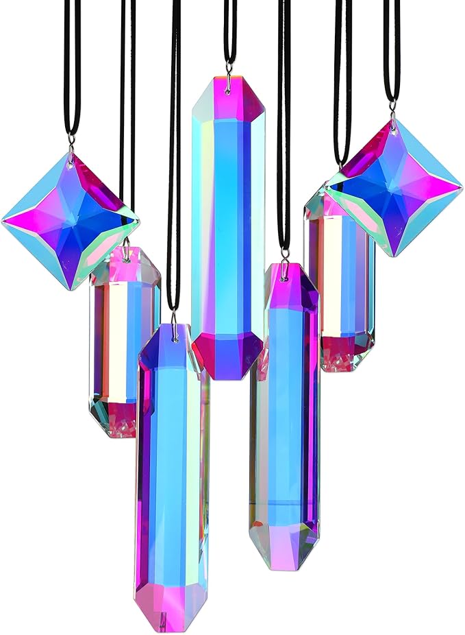 HDCRYSTALGIFTS Set 7 Crystal Sun Catcher Prisms, AB Colored Suncatcher Crystals Indoor Window Hanging Christmas Ornaments Rainbow Maker Prisms for Home Garden Decor