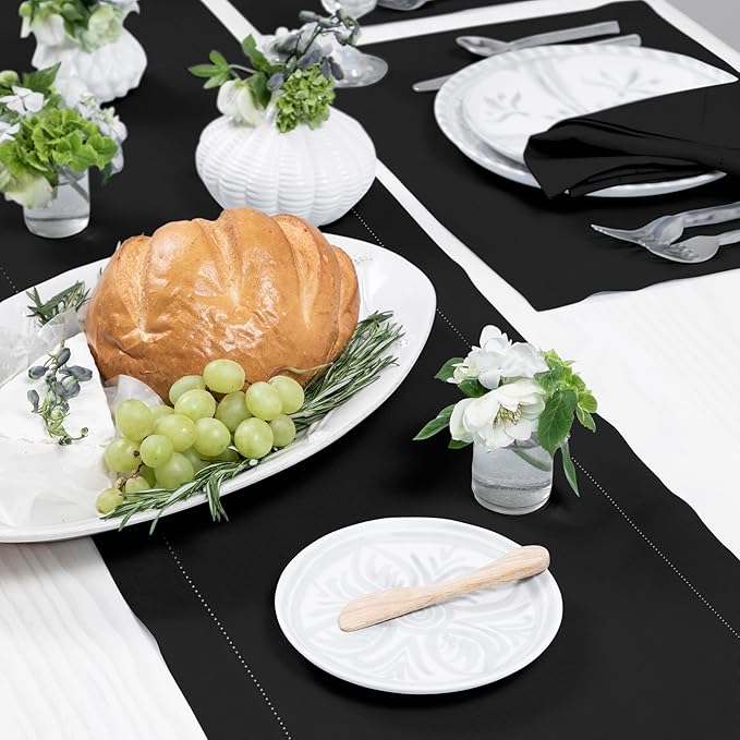 Solino Home Linen Black Table Runner 132 Inches Long - 100% Pure Linen Extra Long Table Runner 14 x 132 Inch for Fall, Autumn, Halloween, Thanksgiving, Holiday - Classic Hemstitch