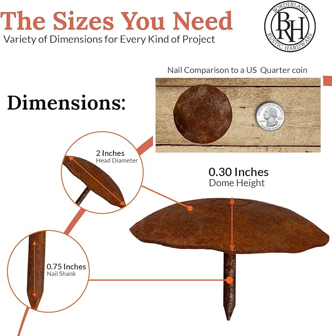 50 Pack 2" Round Head Iron Clavos Decorative Nails – Rusted – Handmade Rustic Round Fasteners for Farmhouse Shutters, Faux Wood Beams, Barn Doors, Shutters, Gates – Ornamental Wood Accent