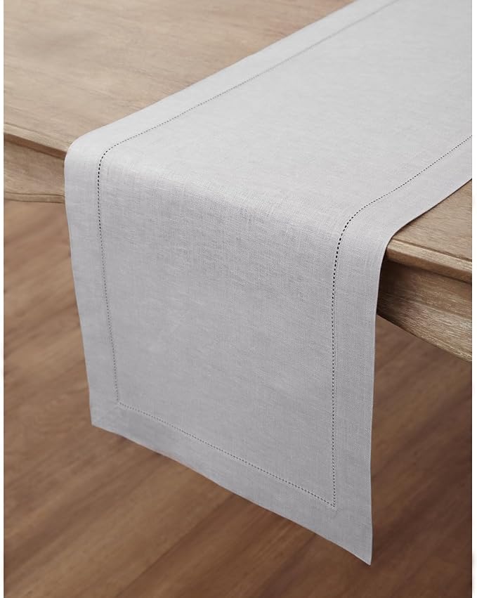 Solino Home Linen Soft Grey Table Runner 90 Inches Long - 100% Pure Linen Hemstitch 14 x 90 Inch Table Runner for Dining, Fall, Autumn, Thanksgiving, Christmas - Classic Hemstitch