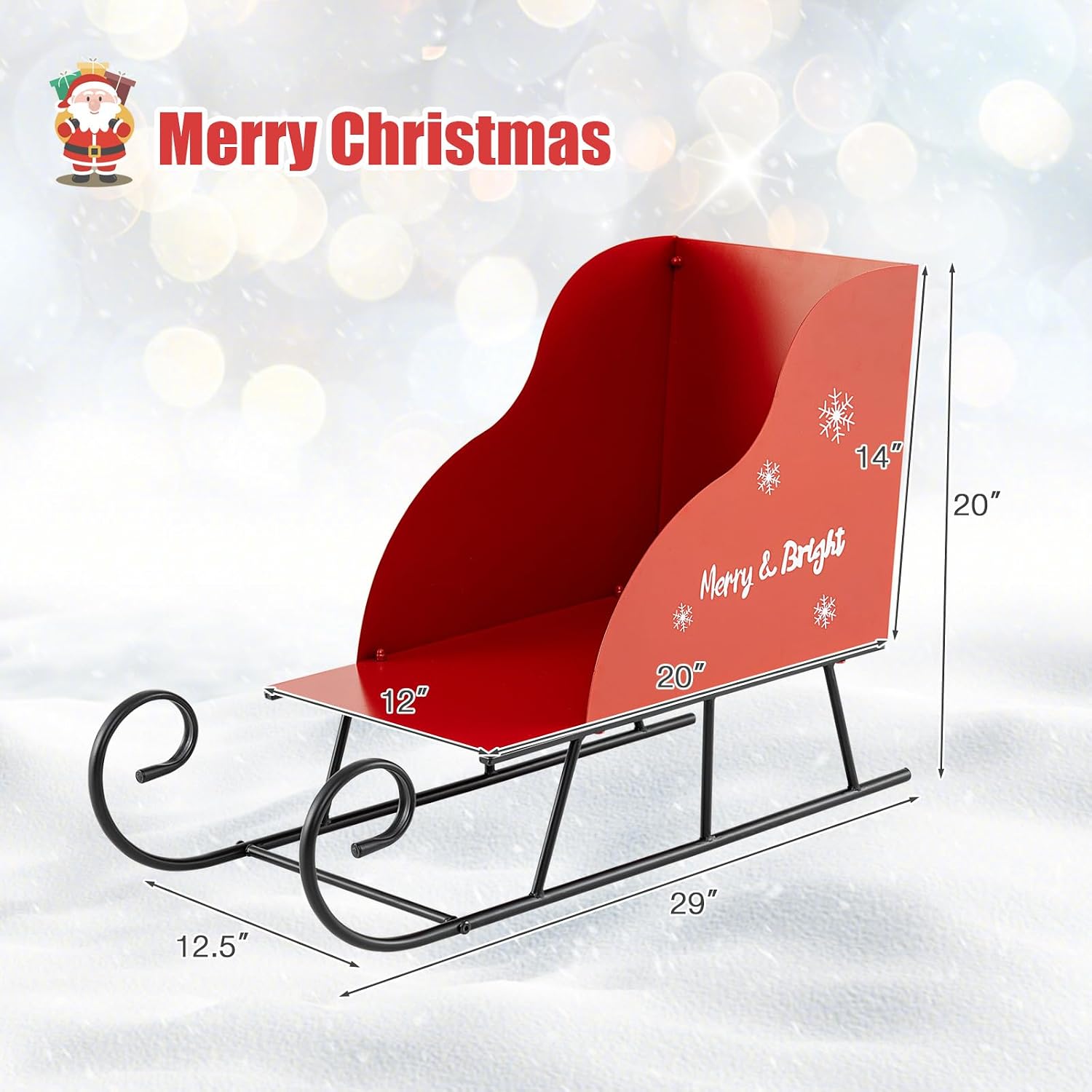 Metal Christmas Santa Sleigh Basket, Red Christmas Sleigh Decoration for Gift Storage, Santa’s Gift Sleigh for Holiday Displays, Festive Decorative Sleigh Cart for Indoor Outdoor Home Party