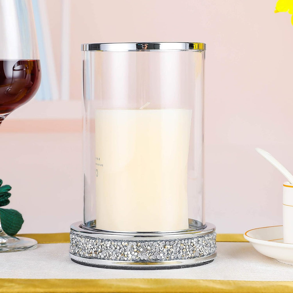 Pillar Candle Holders set of 2,Hurricane Candle Holders for Pillar Candle,Glass Candle Holder for Coffee Dining Table, Wedding, Christmas, Halloween, Home Decoration,Silver Candle Holders