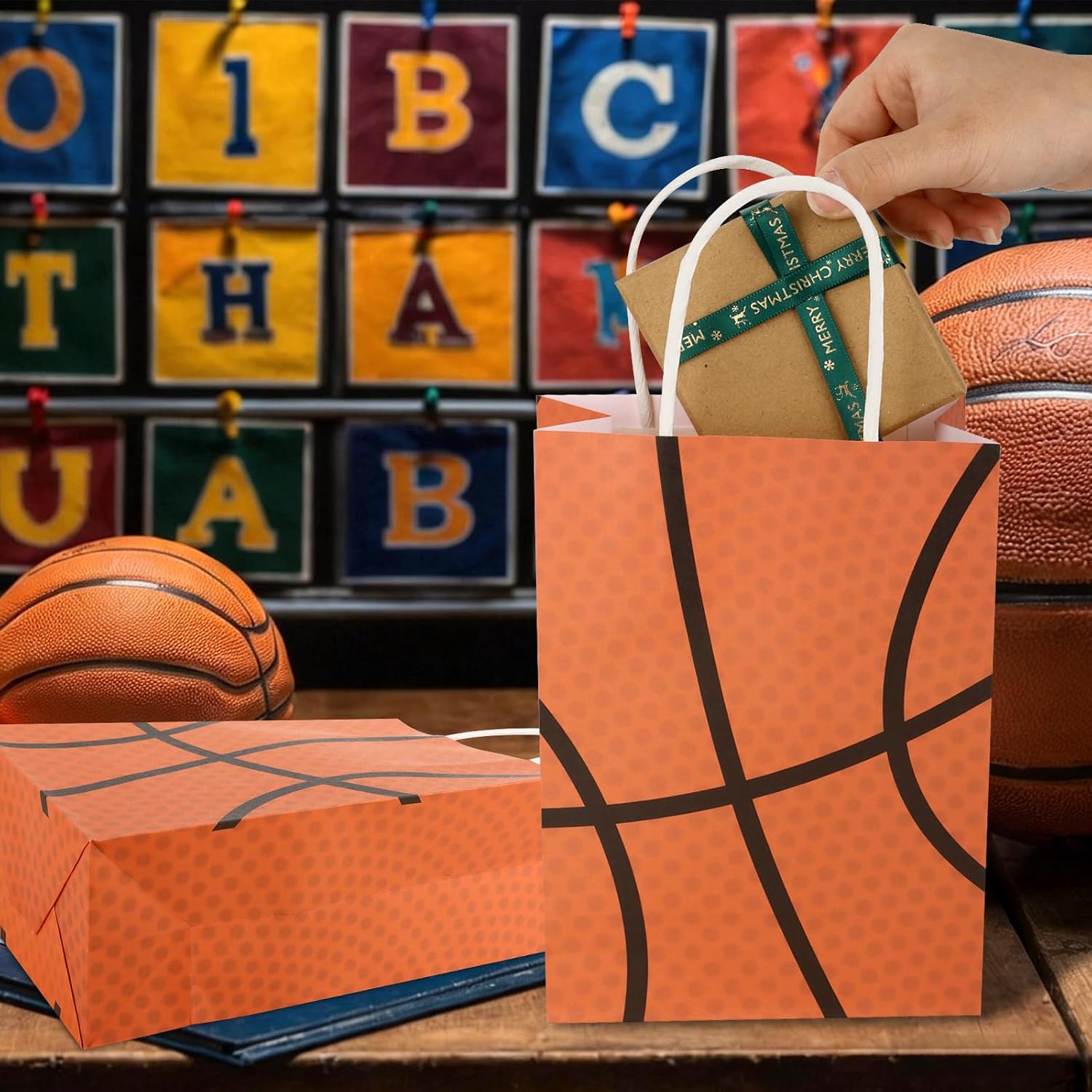 Hxezoc 12 Pieces Basketball Gift Bags with Handle, Paper Treat Candy Bag Sport Favor Bags for Basketball Theme Birthday Party Decoration Supplies