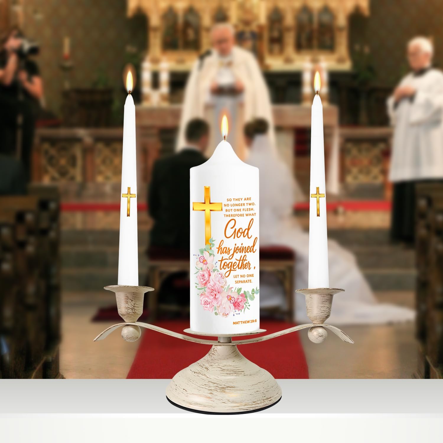 LakWilows Unity Wedding Candle Set with Distressed White & Gold Metal Holder, 3 Piece Wedding Ceremony Candles (8.27" Pillar + 2 Tapers), Cross & Matthew 19:6 Scripture, Catholic Gift for Couple