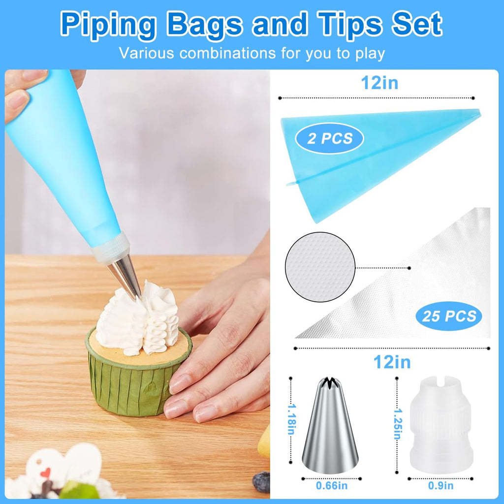 112Pcs Cake Decorating Supplies Kit, Included Cake Turntable, Cake Leveler, 54 Numbered Icing Piping Tips, 2 Spatulas, 3 Scraper, 30+2 Piping Bags, Mother's Day Gift Ideas