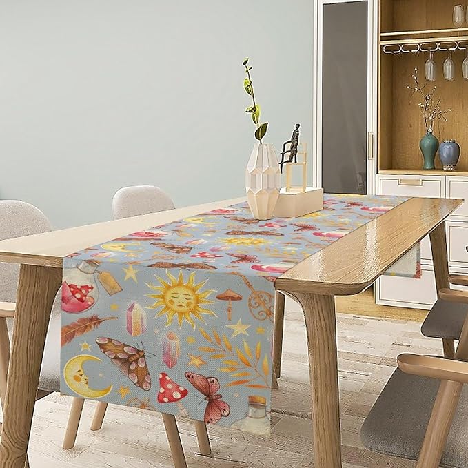 Boho Sun Moon Table Runner Mystical Rustic Butterfly Mushroom Star Table Runner for Kitchen Living Room Dinner Holiday 13x36 Inch