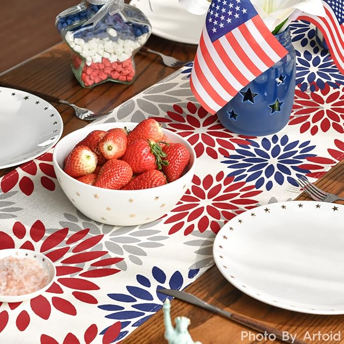 Artoid Mode Red Dahlia Floral Pinnata Memorial Day Table Runner, 4th of July Veterans Day Kitchen Dining Table Decoration for Home Party Decor 13x72 Inch
