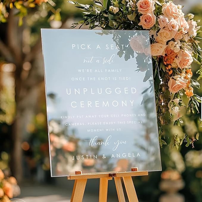 Wedding Yard Sign – Pick a Seat Not a Side + Unplugged Ceremony – Modern Minimalist Outdoor Welcome Board