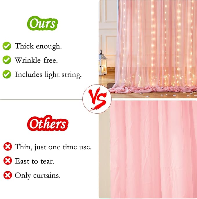 Wish Care 10ft x 10ft Baby Pink Chiffon Backdrop Curtain with Lights String for Parites Wedding Wrinkle Free Curtain Photo Backdrops Drapes for Baby Shower Birthday Party Home Decorations