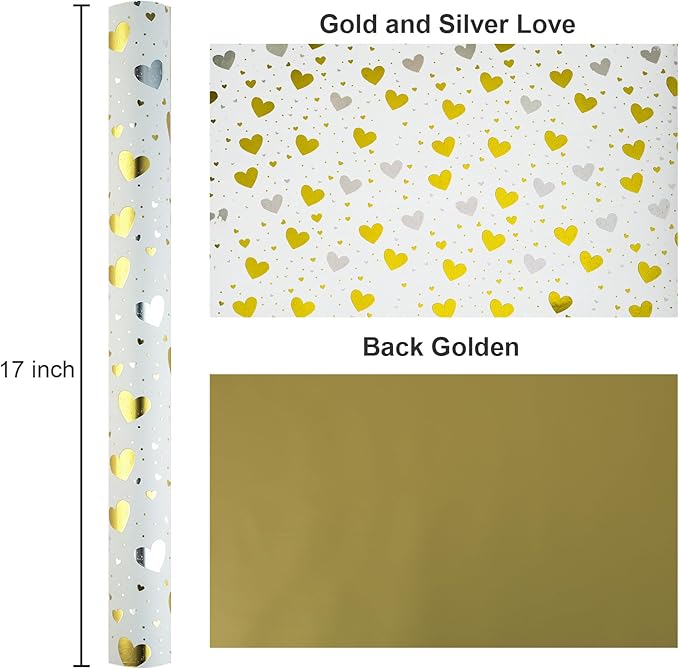 Burymento Gold Foil Heart Wrapping Paper, Reversible Gold Gift Wrap for Birthday, Valentines, Mothers day, Graduation, Wedding, Fathers day, Baby Shower, Christmas (17in x 32.8ft)
