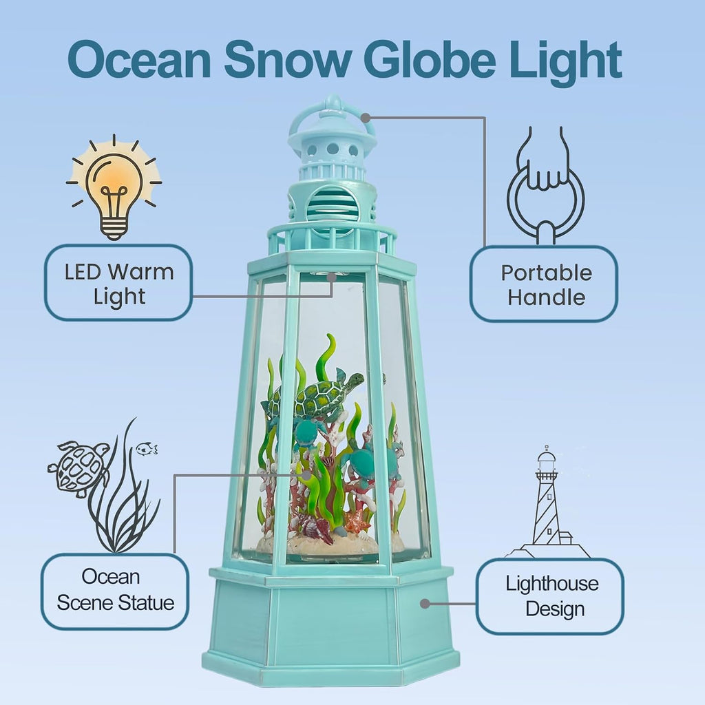 Ocean Themed Snow Globe Lantern with Music - USB or Battery Powered Light Up Water Lantern with Sea Turtle Swirling Glitter Water Globe for Summer Costal Ocean Decor Gift for Ocean Lover (Sea Turtle)