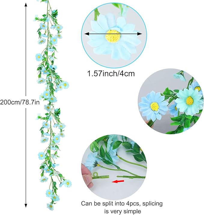 2 Pack Silk Flower Garland Artificial Blue Daisy Garland Fake Hanging Vines with Daisy Flowers for Wall Home Party Wedding Indoor Outdoor Spring Decor