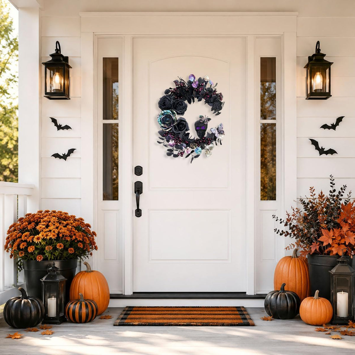 18 inch halloween wreath for front door, iridescent shown in use