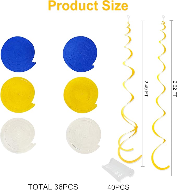 36 Pcs Royal Blue Yellow White Hanging Swirl Decoration Felt Swirl Streamer Spiral Ceiling Decorations Garland for Graduation Birthday Baby Shower Wedding Retirement Nautical Ahoy Achor Party Supplies