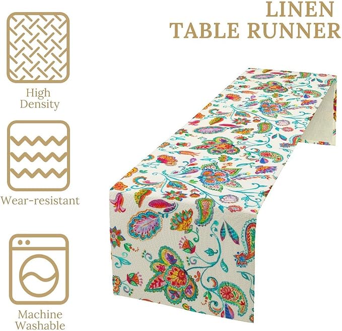 Paisley Table Runner, Watercolor Floral Oriental Indian Traditional Tulips Leaves Bohemian Paisley Print Table Runner for Kitchen Dining Tables Party Decor, 13x120inch