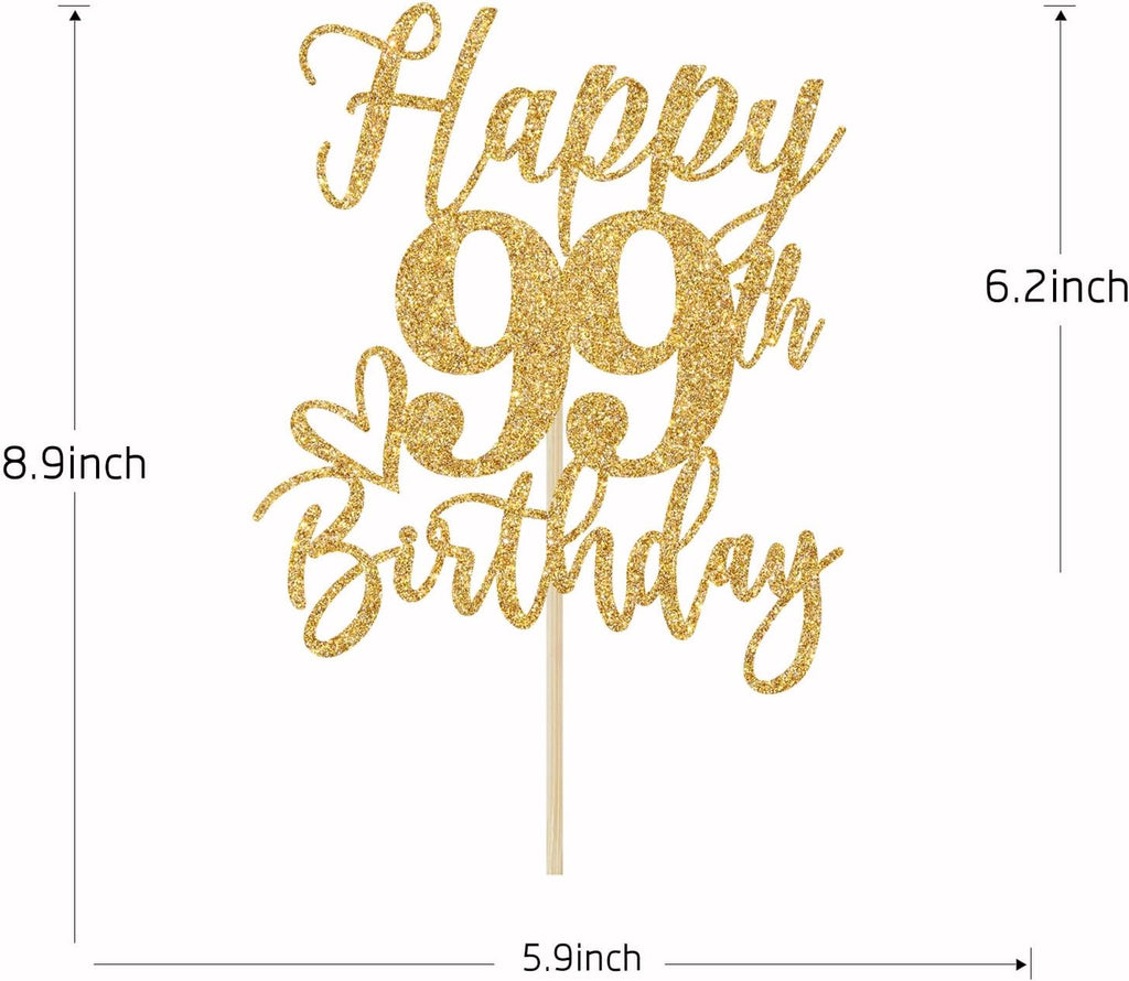 Happy 99th Birthday Cake Topper, 99th Birthday Decorations for Men/Women, Cheers to 99 Years, 99 Fabulous, 99th Happy Birthday Party Supplies Gold Glitter